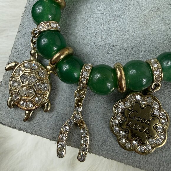 Lucky Jade Beaded Stretch Bracelet Gold Tone Charms w/ Rhinestones - Picture 3 of 4